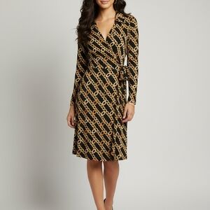 Calvin Klein Chain Faux Wrap Black Gold Chain Pattern Dress Size 4 EUC